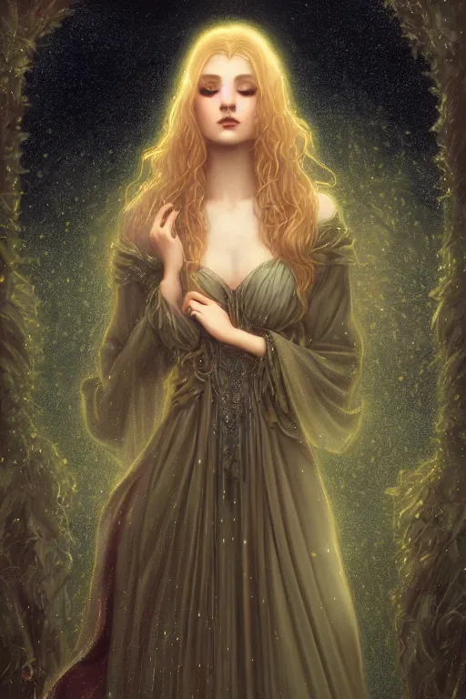 Image similar to Nocturne, glowing, stars, beautiful sly dryad, long blonde hair, highly detailed, mysterious, ethereal, autumn colored medieval gown, haute couture, illustration, dramatic lighting, soft details, painting, by Edmund Blair Leighton, Brom, Charlie Bowater, trending on artstation, faces by otto schmidt