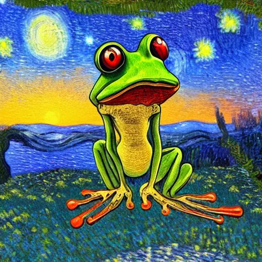 Prompt: a frog smoking a joint and enjoying a sunset, magical realism, ornate, style of an gogh, realistic, 4k,