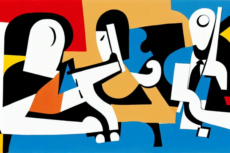 Image similar to 3 jazz musicians, head and shoulders playing with musical notes as abstract art in the style of Stuart Davis,shading, matte illustration