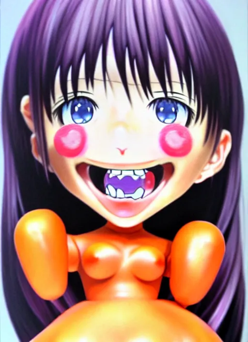 Image similar to a hyperrealistic oil panting of a kawaii anime girl figurine caricature with a big dumb grin featured on nickelodeon by dave mckean