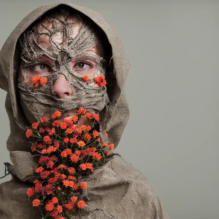 Image similar to a closeup portrait of a woman wearing a hood made of wire and zinnias, in an abandoned office building, by vincent desiderio, canon eos c 3 0 0, ƒ 1. 8, 3 5 mm, 8 k, medium - format print