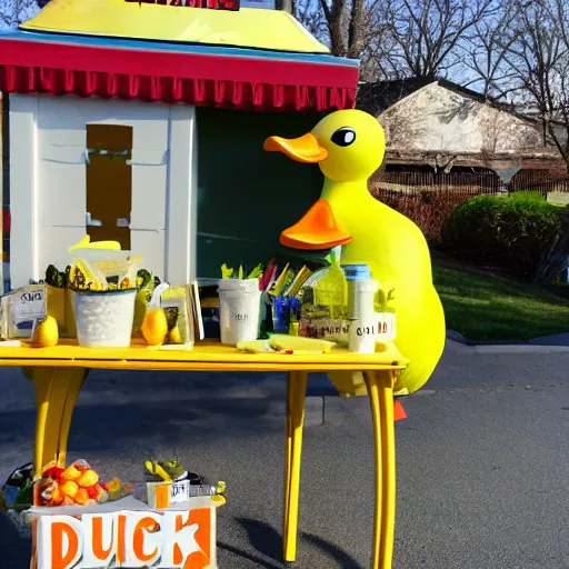 Prompt: a duck next to a lemonade stand