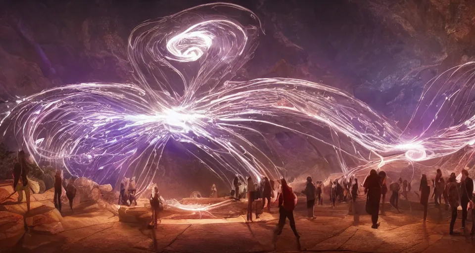 Image similar to night, a lot of people and a spiral - shaped white luminous attractor is floating in grand canyon, concept art, art for the game, professional lighting, art