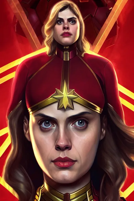 Image similar to alexandra daddario as captain marvel, realistic portrait, symmetrical, highly detailed, digital painting, artstation, concept art, smooth, sharp focus, illustration, cinematic lighting, art by artgerm and greg rutkowski and alphonse mucha