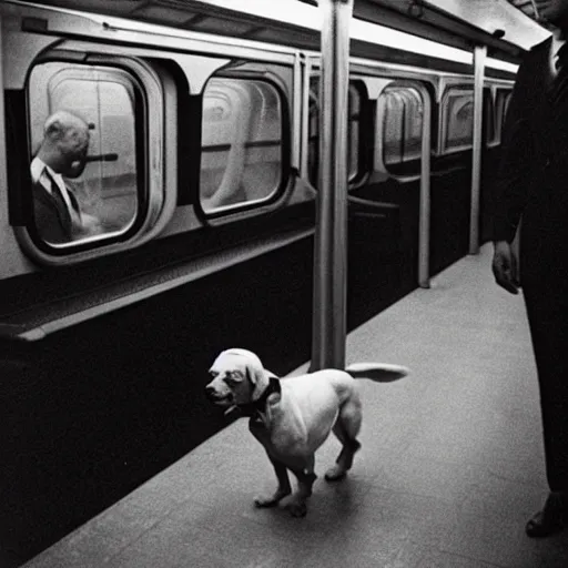 Image similar to a dog wearing a business suit on a subway train, 1 9 7 0 colour photography