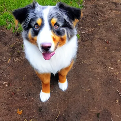 Prompt: australian shepherd being a good boy, inferno