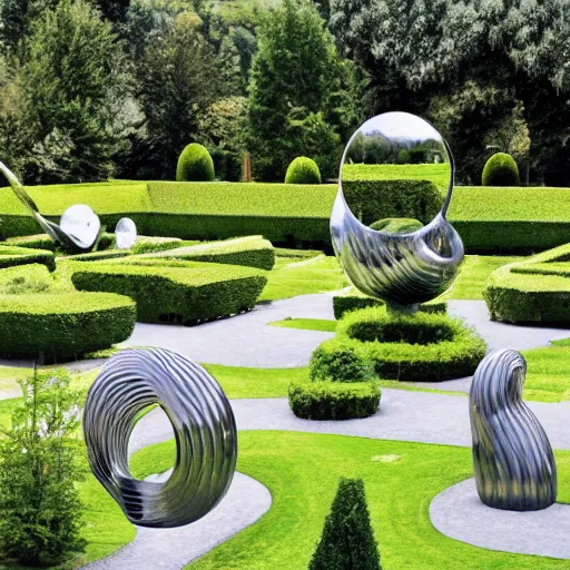 Image similar to giant Italian modern castle formal garden with a modern stainless steel organic shaped modern sculptures with mirror finish by Tony Cragg, photo by Annie Leibovitz