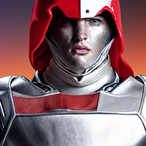 Image similar to headshot of a tall athletic muscular infantry man in glossy sleek white armor with tiny red details and a long red cape, heroic posture, strong jawline, on the surface of mars, night time, dramatic lighting, cinematic, sci-fi, hyperrealistic