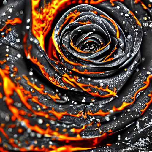 Image similar to award - winning macro of a beautiful black rose made of glowing molten magma