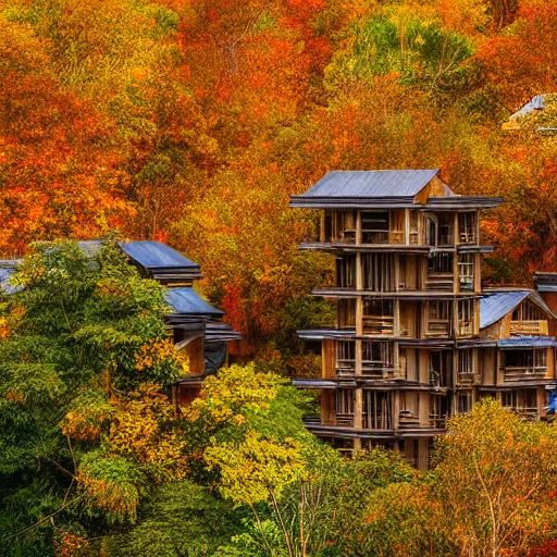 Prompt: a village full of tree houses nestled in a forest, modern architecture, golden hour, autumn leaves, realistic high quality art digital art