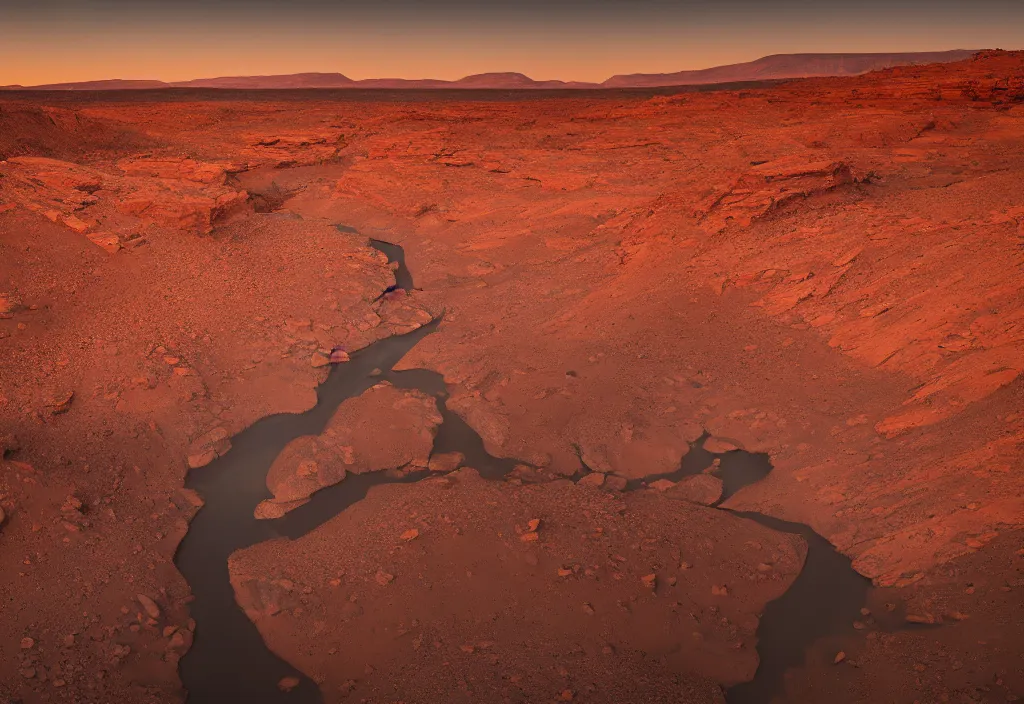 Image similar to a ground level view of a river bend running through a canyon surrounded by desert mountains at sunset on mars, planet mars, moab, utah, a tilt shift photo by frederic church, trending on unsplash, hudson river school, photo taken with provia, national geographic photo
