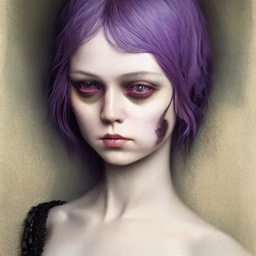 Image similar to photorealistic soft paint of absurdities and curiosities, very beautiful dollpunk female full long dress, ultra deep fog, purple black lustrous thin haircut, symmetry accurate features, focus, very intricate ultrafine details, award winning masterpiece, tom bagshaw ross tran