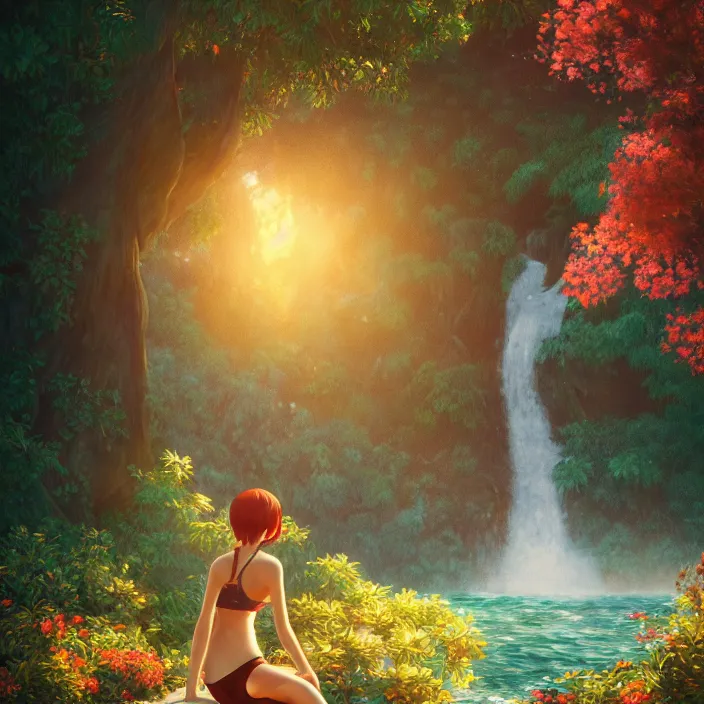 Image similar to an epic makoto shinkai and renoir landscape with a hawaiian waterfall, golden hour, 🌺, a beautiful woman with long chestnut hair, ultra smooth, octane render, lois van baarle, ilya kuvshinov