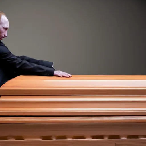 Image similar to sad dead Putin lies in a coffin. dramatic lighting, award winning studio photo