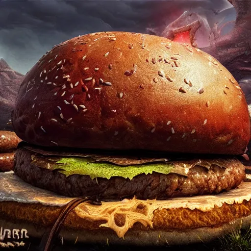 Image similar to a giant hamburger in an eldritch apocalyptic landscape covered in monstrosities by bekinski, fantasy art, 4k, HDR, photorealistic, 8k, trending on artstation