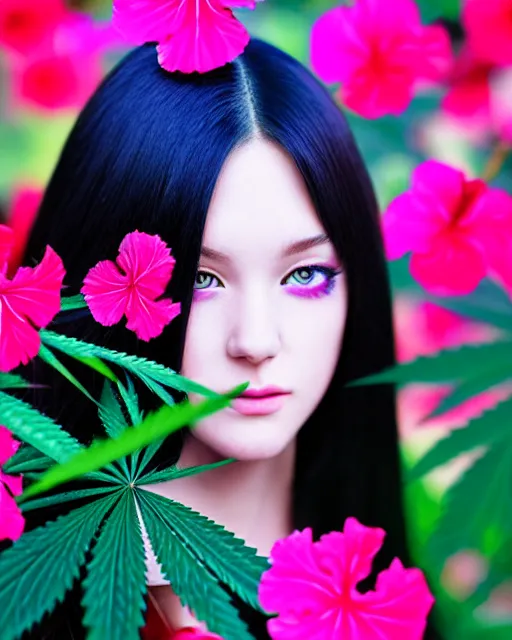 Image similar to an stunning beautiful girl is surrounded by colourful hibiscus flowers and marijuana plants, symmetric face and eyes, manga style, long straight black hair, visible face 8 k, soft focus, melanchonic soft light, volumetric lighting, highly detailed realistic, refined, highly detailed, soft blur outdoor lighting, fine art fashion photography 5 0 mm f 2