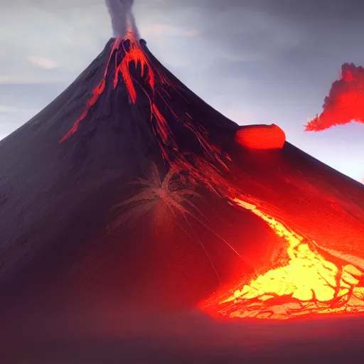 Prompt: volcano, by greg rutkowski, by jean deville, octane render, photorealism