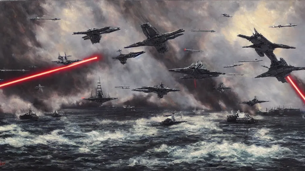 Image similar to Stockholm under attack by star wars destroyers and TIE fighters, oil painting,