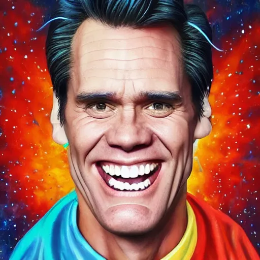 Image similar to jim carrey big smile exploding head, cosmic starfield background oil painting masterwork trending on artstation