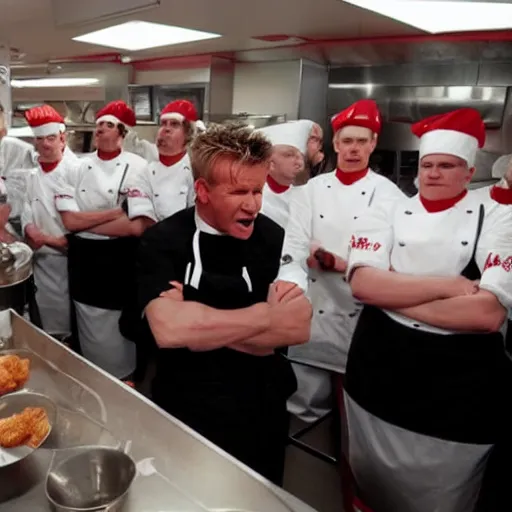 Prompt: gordon ramsay yelling at kfc employees in the kfc kitchen on kitchen nightmares. the employees are lined up and in their kfc uniforms.