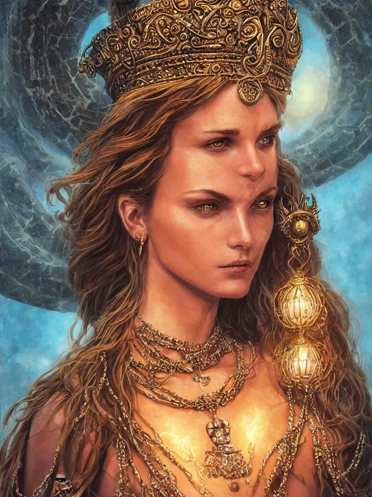 Prompt: close up portrait of a beautiful female goddess with glowing necklace, stone courtyard background fantasy atmosphere. art by alex ross. highly detailed, intricate, lifelike. sci - fi, fantasy, magical
