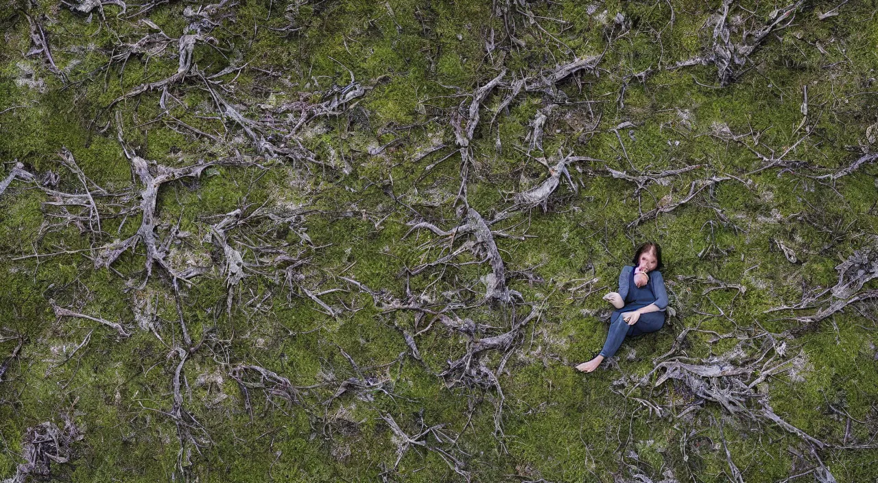 Image similar to 65-year-old moss-covered Gaia, crying one single tear, facing the camera and sitting on a dried up river in a desolate land, dead trees, blue sky, hot and sunny, highly-detailed, elegant, dramatic lighting, artstation, 4k, cinematic landscape, photograph by Elisabeth Gadd