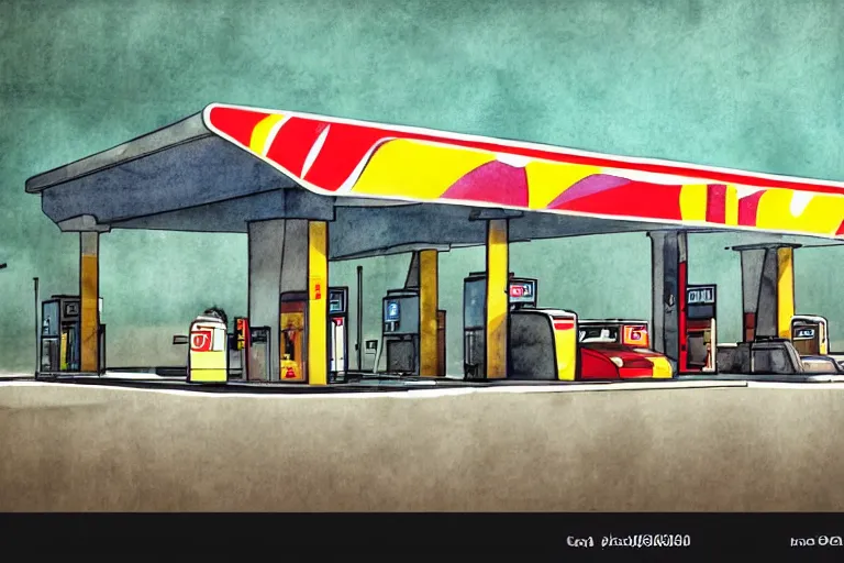 Prompt: a pencil and watercolor art of a beautiful luxurious gas station, retro and 1 9 8 0 s style, beautiful architecture, retro coloring, retro and 1 9 8 0 s style, retro and 1 9 8 0 s filter