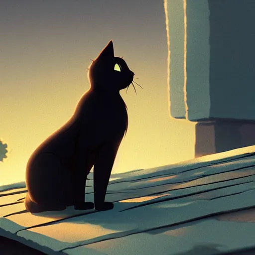 Image similar to a wholesome animation key shot of a black cat seated on top of a roof with tiles, medium shot, studio ghibli, pixar and disney animation, sharp, rendered in unreal engine 5, anime key art by greg rutkowski, bloom, dramatic lighting, golden hour