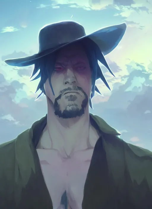 Image similar to portrait of undertaker wwe, cloudy sky background lush landscape illustration concept art anime key visual trending pixiv fanbox by wlop and greg rutkowski and makoto shinkai and studio ghibli