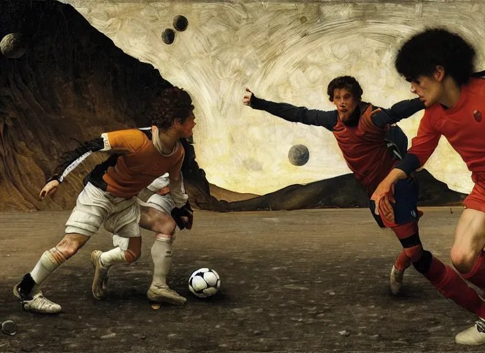 Image similar to a soccer match on the moon by edgar maxence and caravaggio and michael whelan and delacroix style, artistic, intricate painting, cinematic lighting, hyper realistic, extremely detailed, establishing shot, 8 k resolution, dramatic lighting