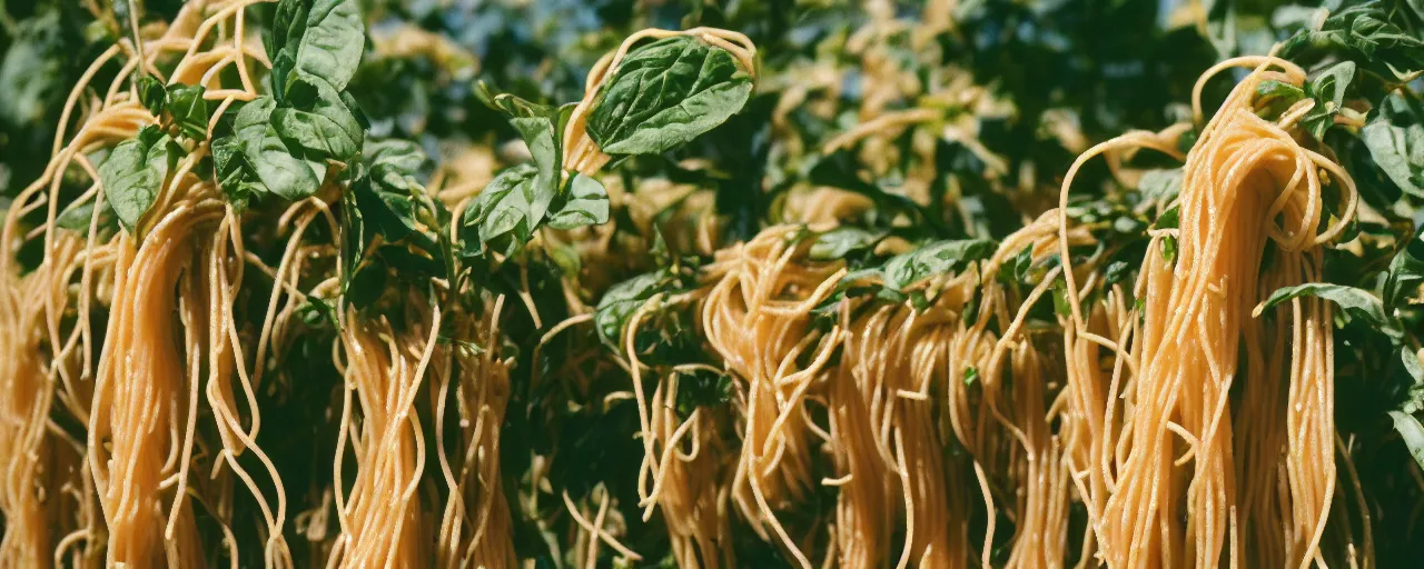 Prompt: zoomed in shot of spaghetti growing off a plant, on a bountiful farm, canon 5 0 mm, cinematic lighting, photography, retro, film, kodachrome