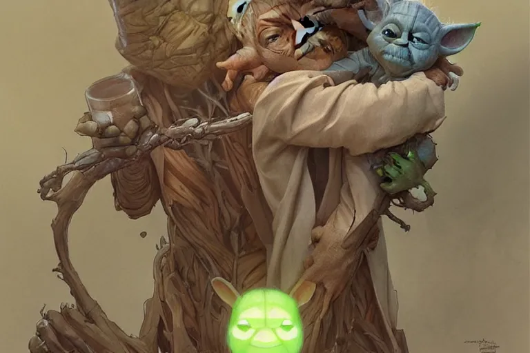 Image similar to Groot hugging Yoda, highly detailed, digital painting, artstation, concept art, smooth, sharp focus, illustration, art by Krenz Cushart and Artem Demura and alphonse mucha