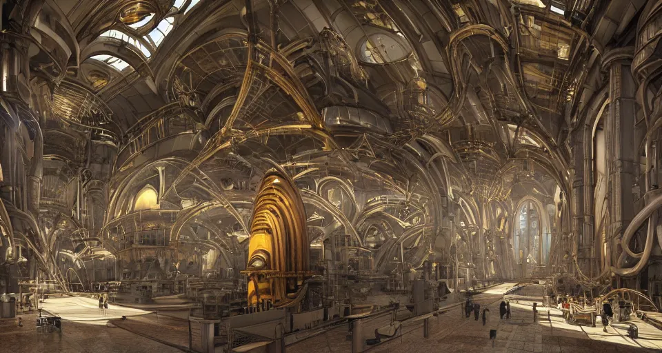 Prompt: a cathedral interior of the matrix nebuchadnezzar biomechanical gieger, 3d rendered steampunk, iron smelting pits, high tech industrial and maschinen krieger, warm saturated colours, mri machine millennium falcon space-station with massive piping inspired by a nuclear reactor submarine, ilm, beeple, star citizen halo, mass effect, starship troopers, elysium