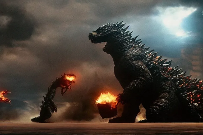 Prompt: two godzillas!!! sitting in the living room!!! couch!!! playing playstation in the couch, sitting with playstation controllers, playing videgames, in the living room, cinematic, epic lighting, still shot from the new godzilla movie