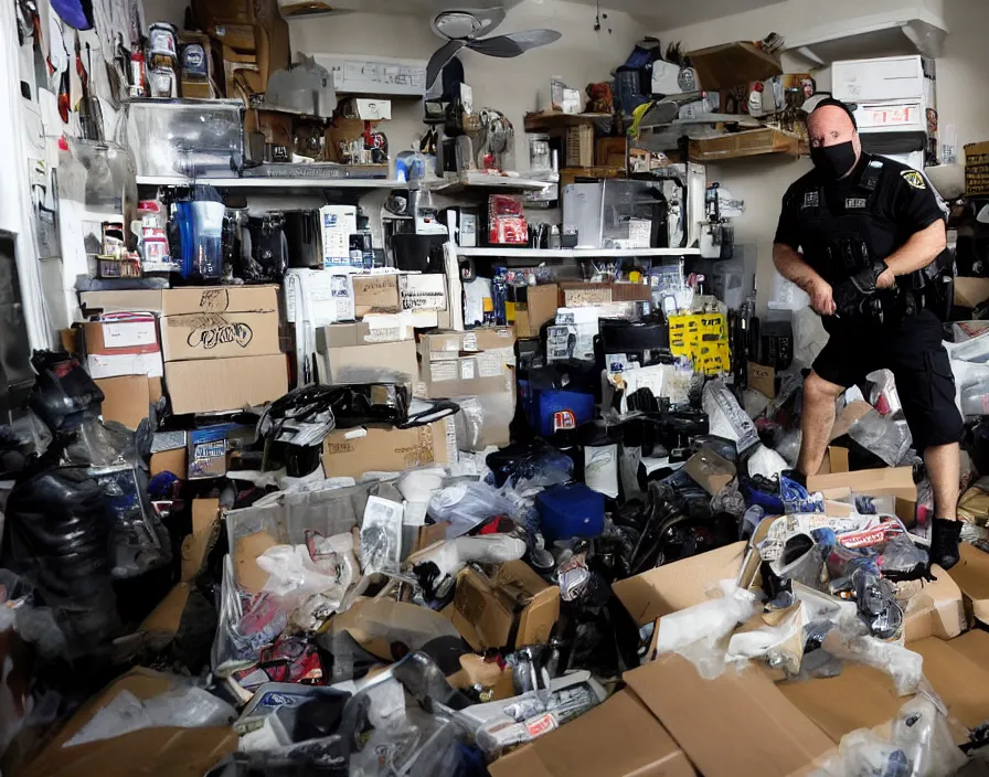 Prompt: Alex Jones in his garage office inventing conspiracy theories, surrounded by boxes of herbal supplements and trash and TVs, a group of SWAT police kicking in the door, tear gas and smoke, alex jones fighting police, detailed photograph high quality