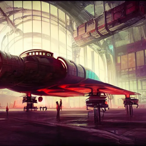 Prompt: concept art, retro - futurist steampunk pilot, airship hangar, imperious, octane render, artstation, dramatic neon lighting, glowing imperial motifs, eerie, mysterious, red turquoise accents, bladerunner, by gerald brom, james jean, syd mead, akihiko yoshida, cinematic w 1 0 2 4