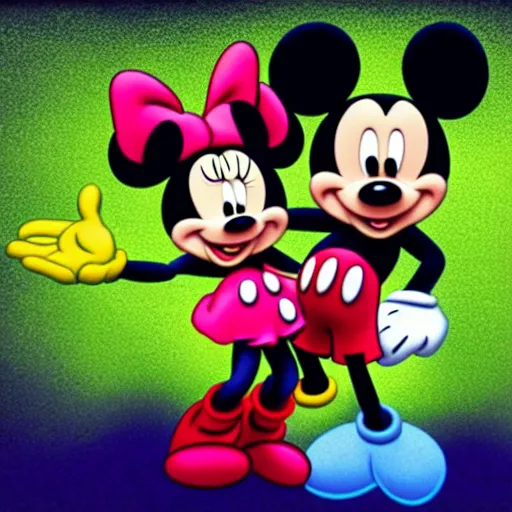 Image similar to minnie and mickey mouse raving in a warehouse highly detailed digital photograph