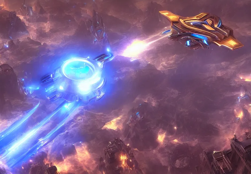 Image similar to protoss spaceship hovering above protoss city beautiful art uhd 4 k, artstation, hdr, 4 k, incredible detail, cinematic lighting, unreal engine 5