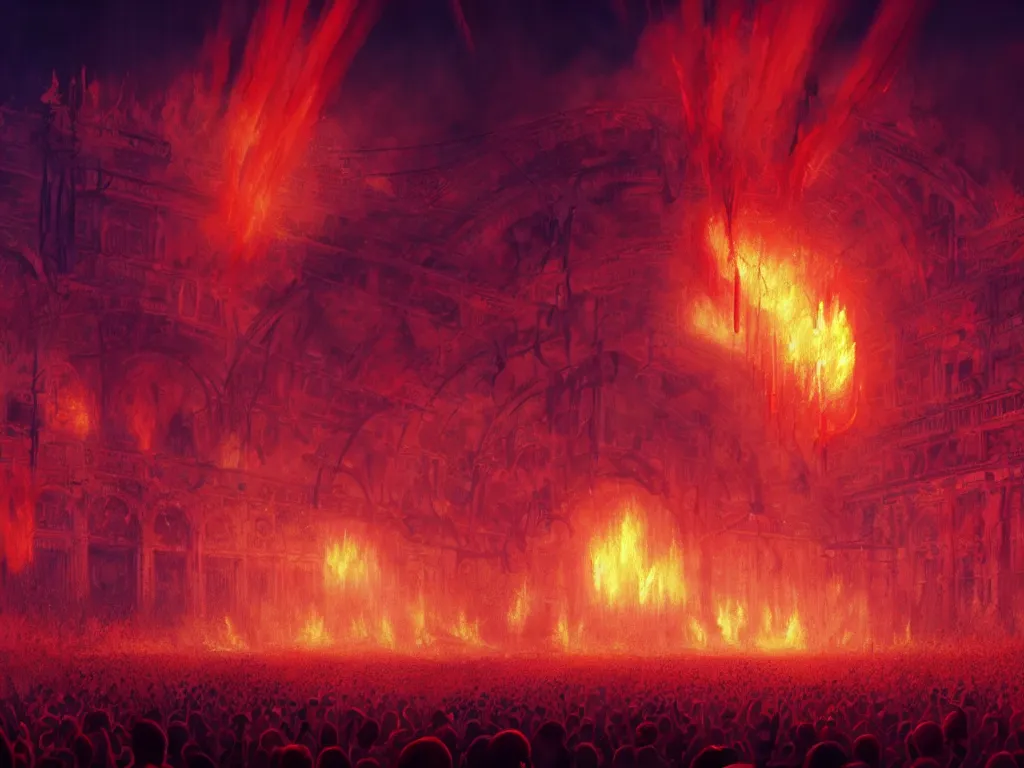 Image similar to live concert footage still of a glam concert in a fiery hell, contrast, stage lighting, pyrotechnics, ghibli animated film, volumetric lighting, octane render by stanley artgerm lau, greg rutkowski, thomas kindkade, alphonse mucha, loish, norman rockwel,