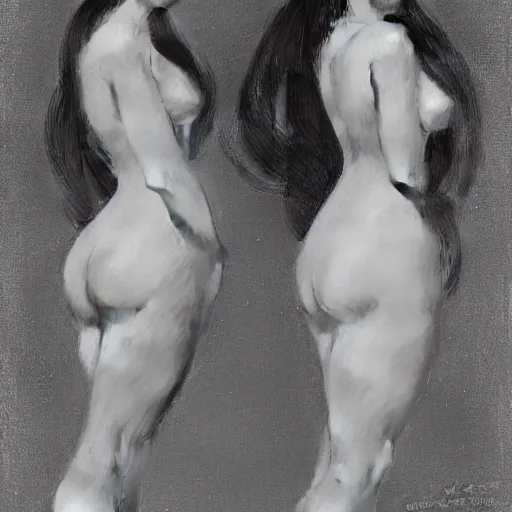 Prompt: Back view of two beautiful women in love, vertical symmetry, vintage shading, classy, by Ilya Repin, artgerm, artstation