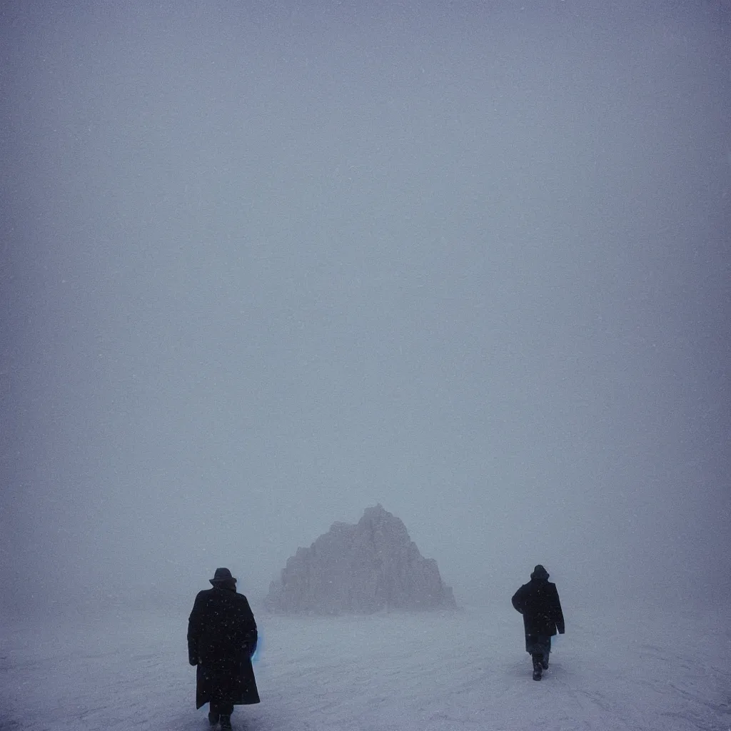 Prompt: photo of shiprock, new mexico during a snowstorm. a old man in a trench coat and a cane appears as a hazy silhouette in the distance, looking back over his shoulder. cold color temperature. blue hour morning light, snow storm. hazy atmosphere. humidity haze. kodak ektachrome, greenish expired film, award winning, low contrast,