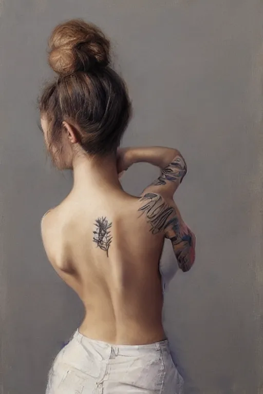 Image similar to girl with messy bun hairstyle, back view, tattoo sleeve, jeremy lipking, joseph todorovitch