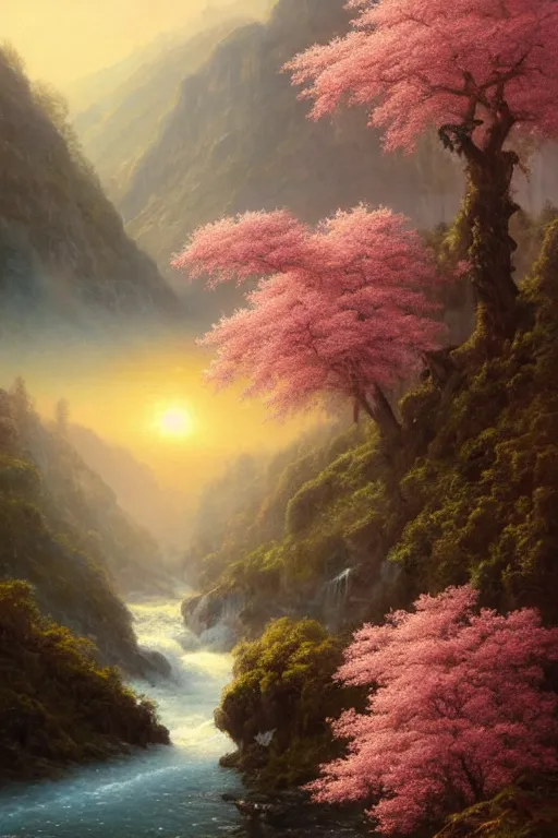 Image similar to the most beautiful panoramic landscape, oil painting, where a giant dreamy waterfall creates a river, the trees around are starting to bloom in pink color, a majestic deer is drinking water from the river and a ray light of the sunset is brightening him, by greg rutkowski