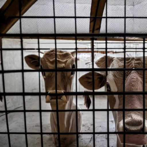 Image similar to inmates weating cow heads inside a jailcell