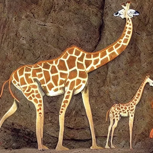 Prompt: Very detailed ancient cave paintings of the african mega fauna, Giraffes Lions and Sloths