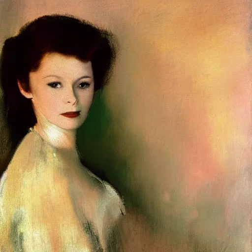 Image similar to a closeup portrait of a young vivian leigh, dramatic light, painted in oil by edgar degas, masterpiece