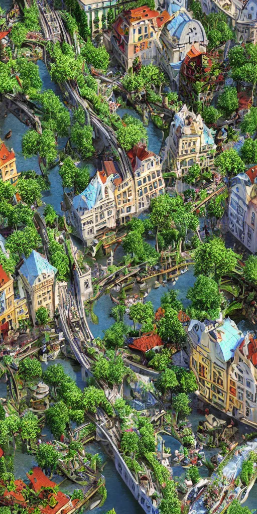 Prompt: beautiful sunny day, parametric furistic city, vincent callebaut, overgrown foliage, 3 d render, hyper realistic, ultra detailed, canals, boats, bikes, flowers, romantic prague, octane render, 8 k,