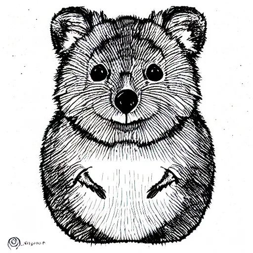Prompt: portrait of a happy quokka, mcu, drawn with a single line, line drawing, art, minimalist, continuous line drawing, sakura pigma micron, white background, negative space, vector,,