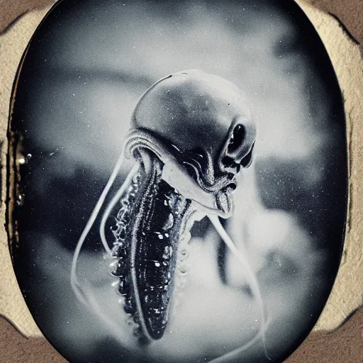 Prompt: tintype photo, swimming deep underwater, alien squid