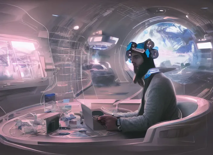 Image similar to a man sitting on a chair with things attached to his head, screens in front of him playing videos, ship interior, futuristic, scifi, concept art, surreal